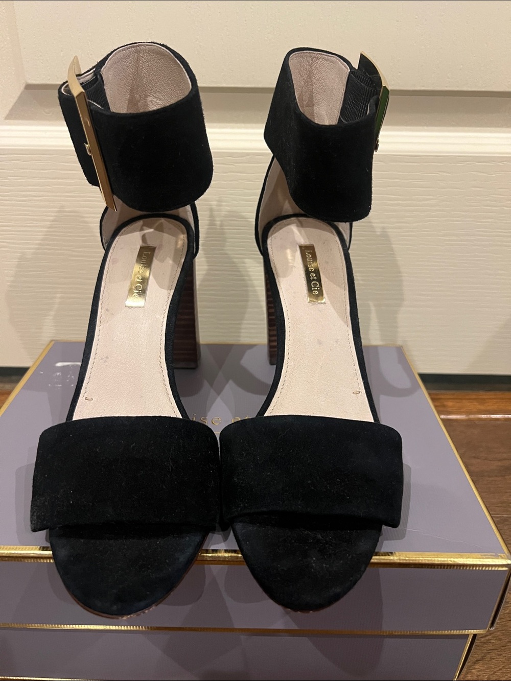 Louise et Cie Black Suede Block Heel Ankle-Strap Sandals